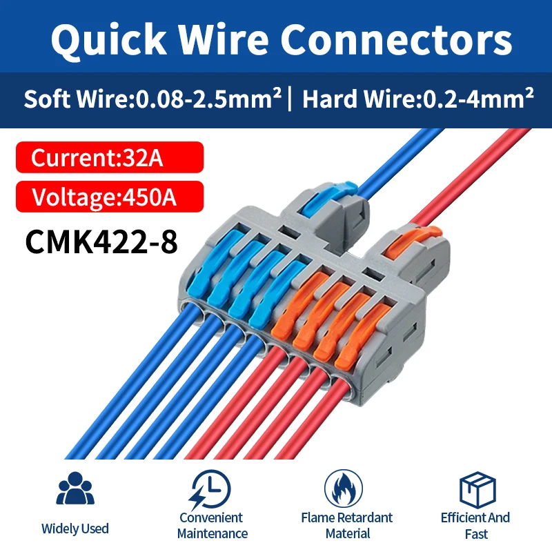 JINH CMK422 20Pcs Lever Terminal Block 2 to 8 Port Universal Quick Spring Splice for Home Wiring And Light Strip Extension