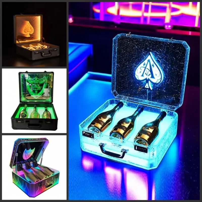 3 Bottles Rechargeable LED Luminous Ace of Spade Glorifier Box Champagne Wine Bottle Show Case for Night Club Party Lounge Bar