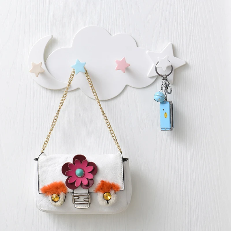 4-Hook Cartoon Star Moon Cloud Non Punching Hook Home Keychain Jewelry Bag Hanger Bathroom Bath Ball Storage Rack