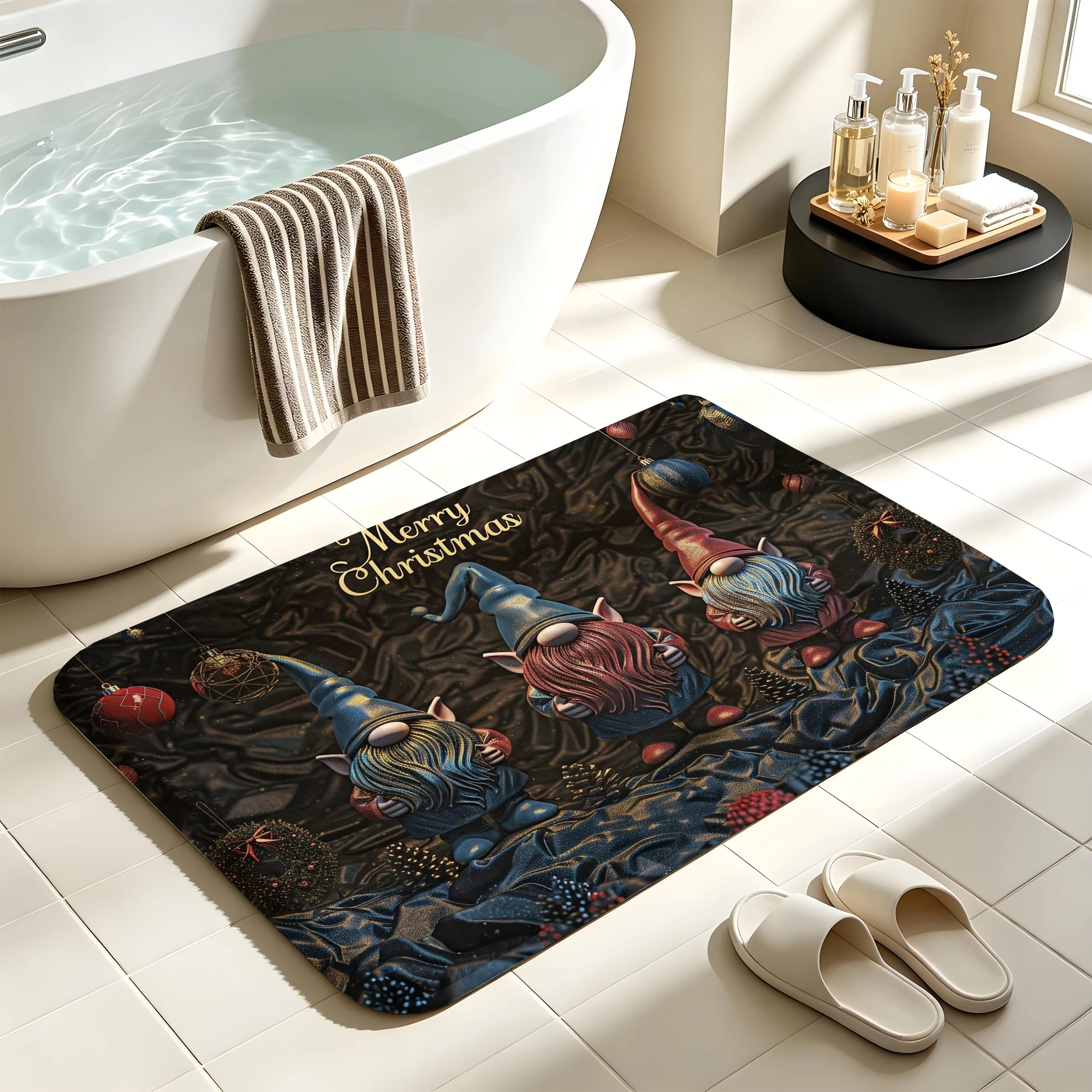 Dark Tone 3D Christmas Gnome Bauble Print Plush Absorbent Sponge Mat,Bathroom Non‑Slip Mat & Decorative Door Mat