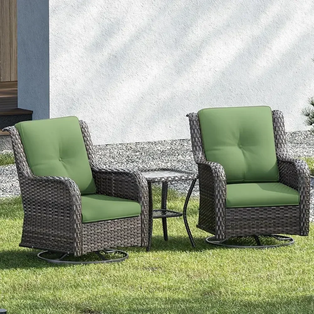 Luxury 3-Piece Wicker Patio Furniture Set with 2 Swivel Chairs and Side Table, Plush Cushions, Perfect for Outdoor Deck or Porch