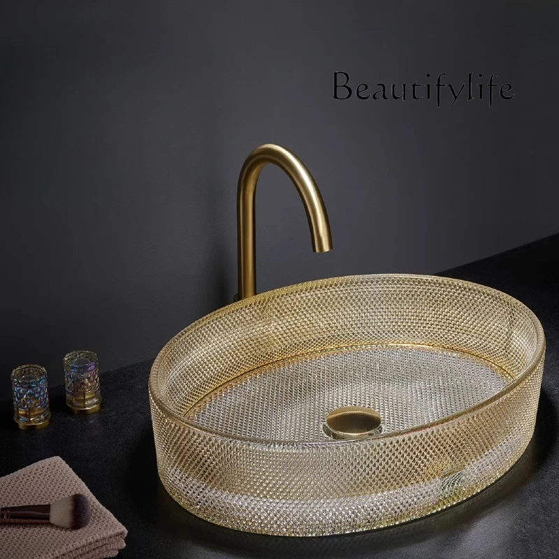 

Simple oval table wash basin household bathroom balcony crystal glass wash basin
