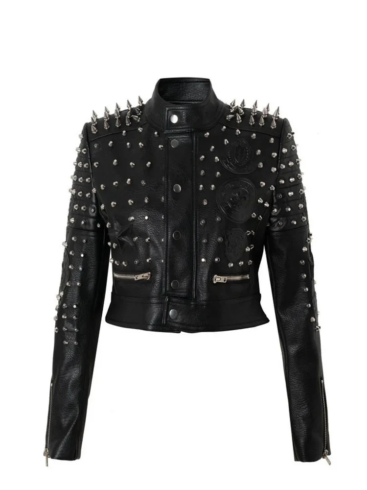 Zrichose – veste à rivets en cuir PU pour femme, Streetwear, Rock Punk, Slim, court, de haute qualité, noir, pour Locomotive