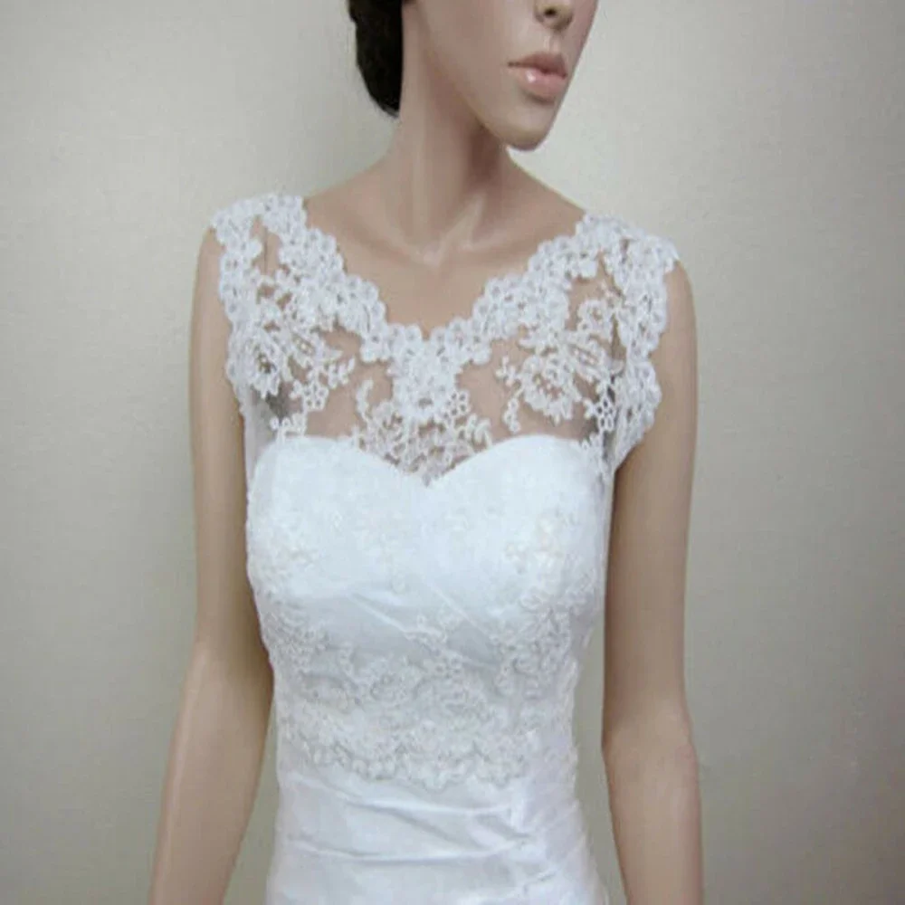 

Свадебное болеро без рукавов с v-образным вырезом и аппликацией, свадебное накидка для свадебной вечеринки, дешевая куртка невесты цвета слоновой кости, болеро, пожимающее плечами на заказ
