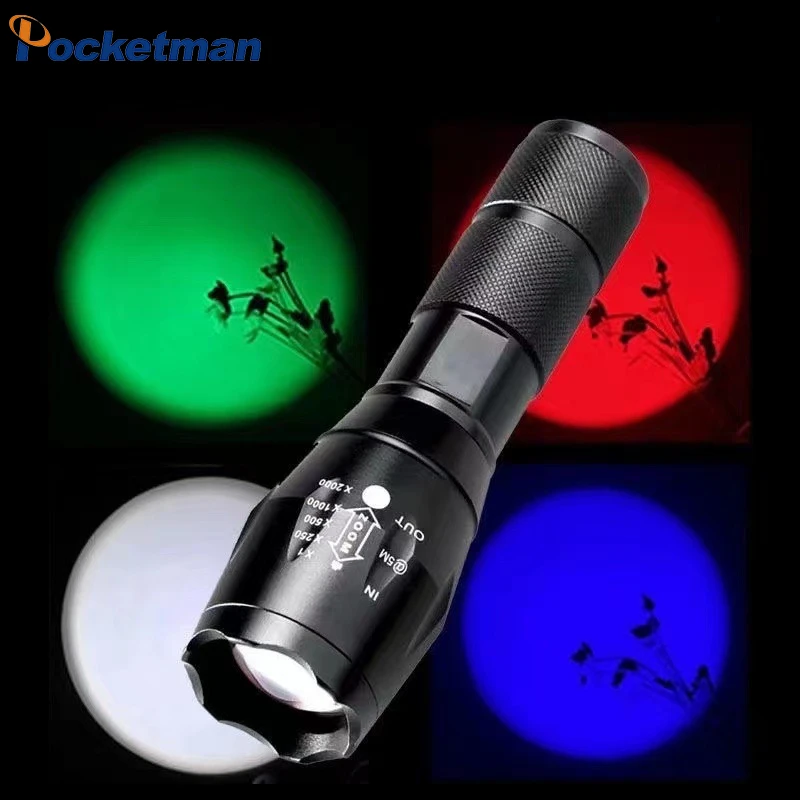 Strong Light LED Flashlight Telescopic Focusing Multifunction Torch Red/white/blue/green Four-color Light Source Outdoor Lantern