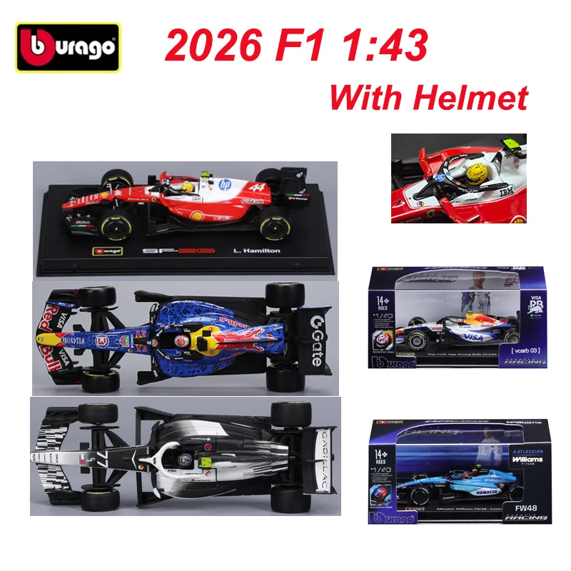 Bburago 1:43 2026 Formel-1-Modellauto mit Helm VCARB 03 SF26 RB22 A526 Legierungsspielzeug Rennwagen Sammlerstück Geschenk für Fans