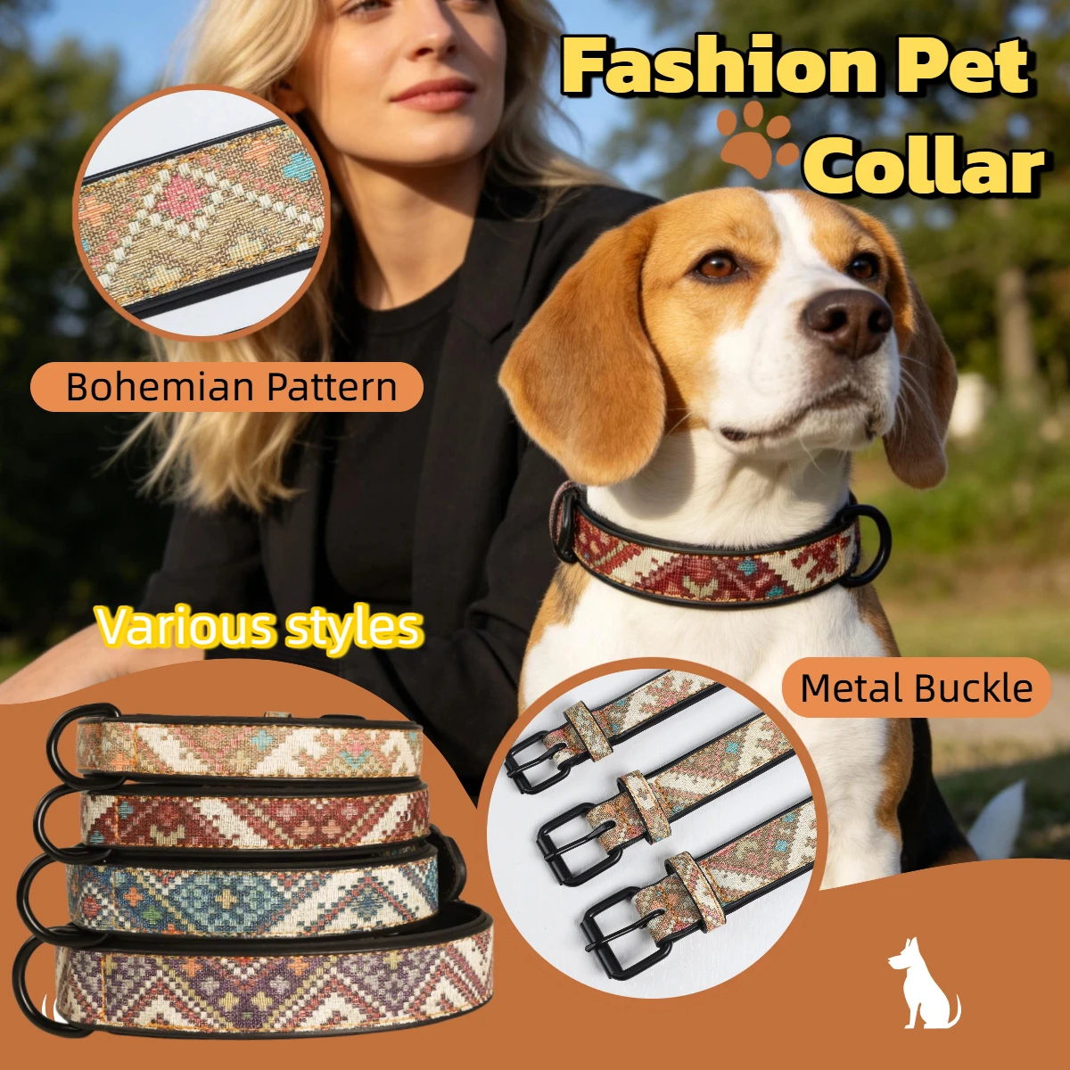 Soft Lining Retro Print Pet Dog Collar Double Protection Comfort Neck Collar Adjustable Buckle D-ring For French Bulldog Pug Cor