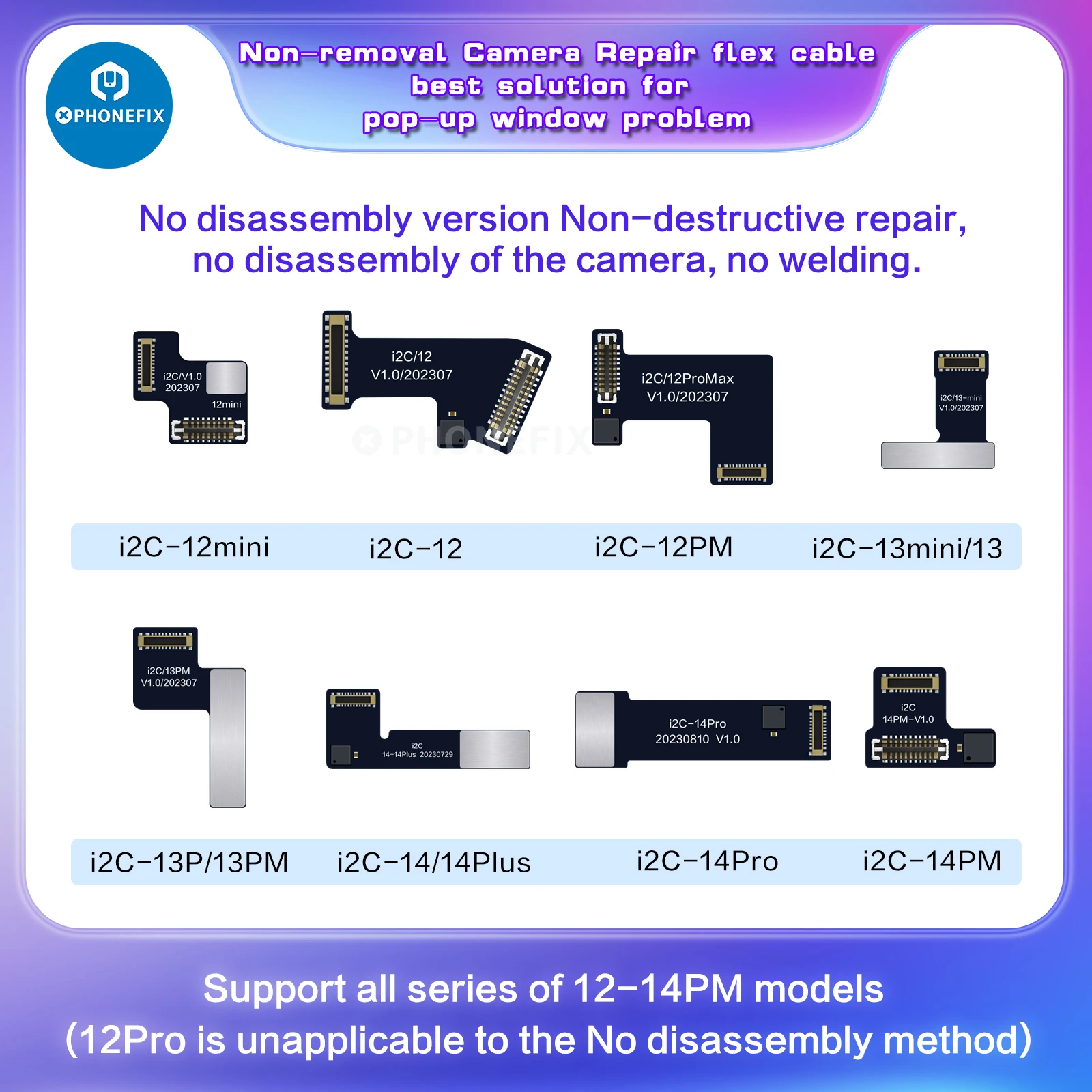 I2C I6S Wide Angle Rear Camera Repair Set with Tag On Flex for IPhone 12-15 PM Non Orignial Rear Camera Pop Up Window Repair