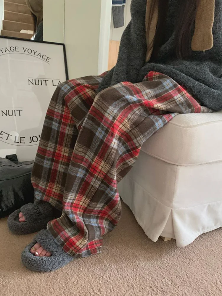 チェック柄暖かいフェイクウールパンツ女性ストリートレトロハイウエストストレートパンツカジュアル原宿レディース秋冬ルーズパンツ新作