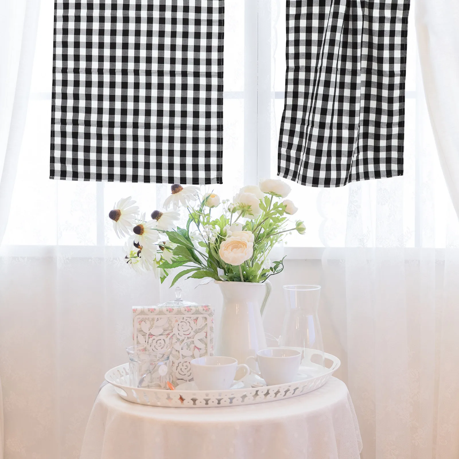 

2pcs Kitchen Curtain Set Black White Check Pattern Valance For Bathroom Living Room Plaid Window Curtains Home Textile