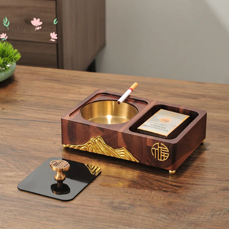 Solid wood ashtray with lid large creative personality trend home living room anti-fly ash metal gift