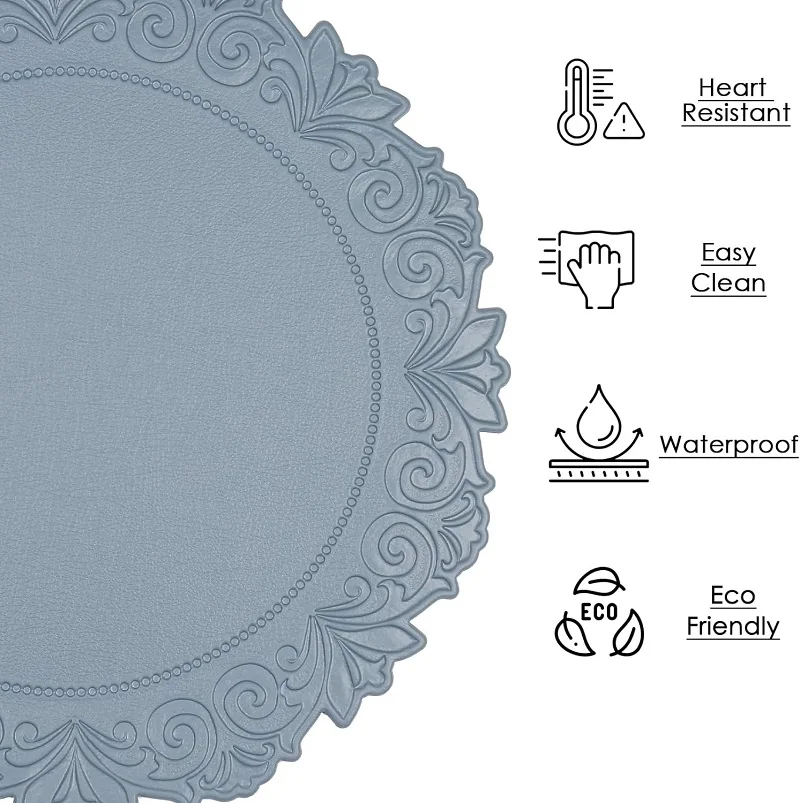 1/6/10PCS Round Kitchen Table Mat European Embossed Waterproof Faux Leather Round Table Placemats for Kitchen Dining Patio 식탁매트