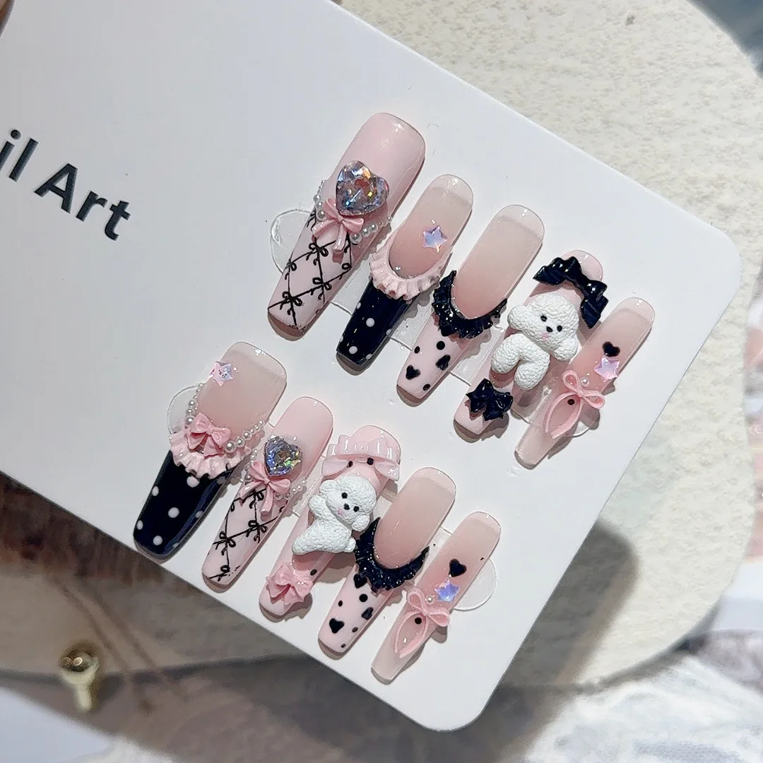 10PCS Black Lace Polka Dot Ballet French Press On Nails Fake Nails for Women DIY Nail Art Gift for Party Wedding Halloween view 5