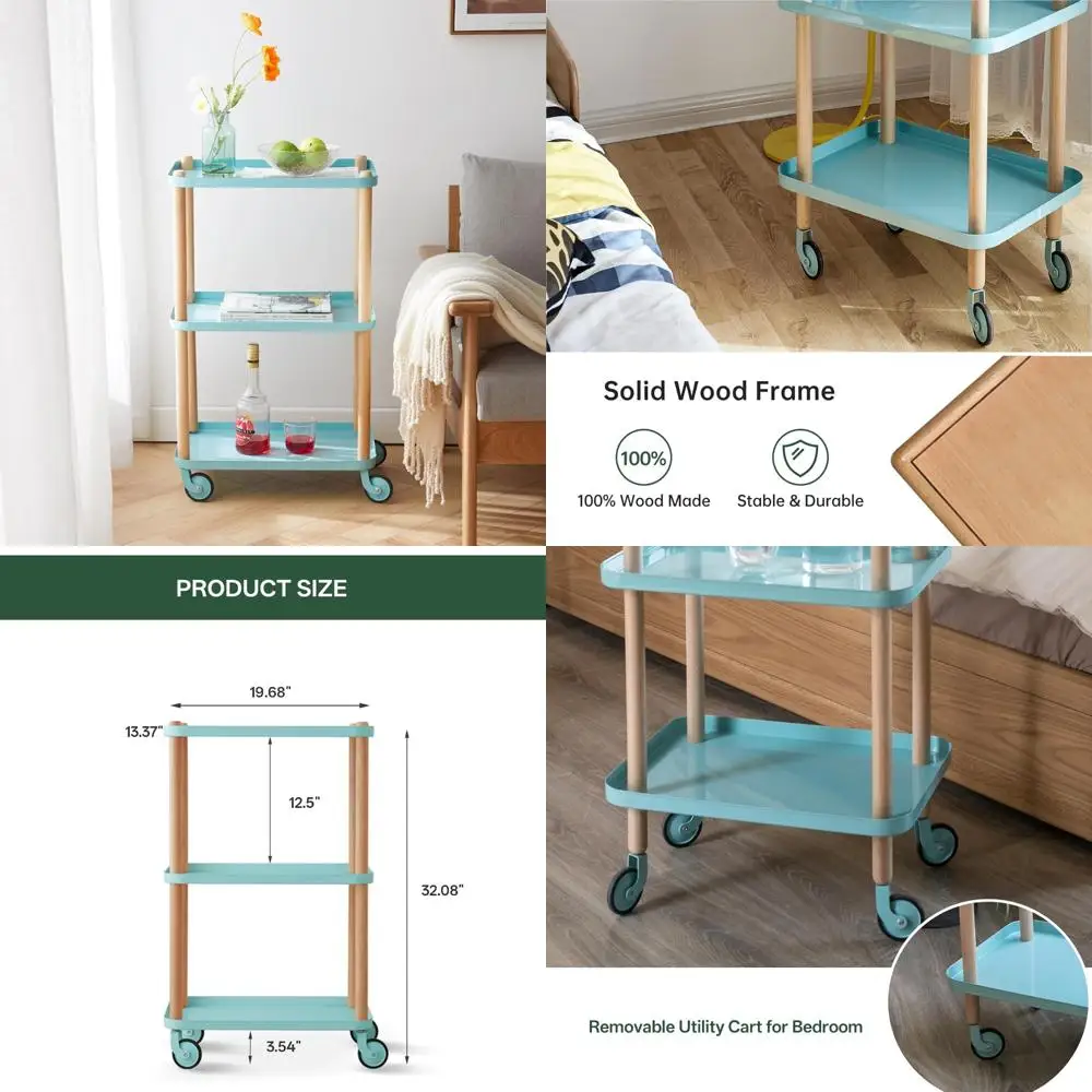 

3-Tier Metal Utility Cart with Beech Wood Frame - Mobile Bathroom Organizer Storage Tower Rack for Kitchen and Home Use