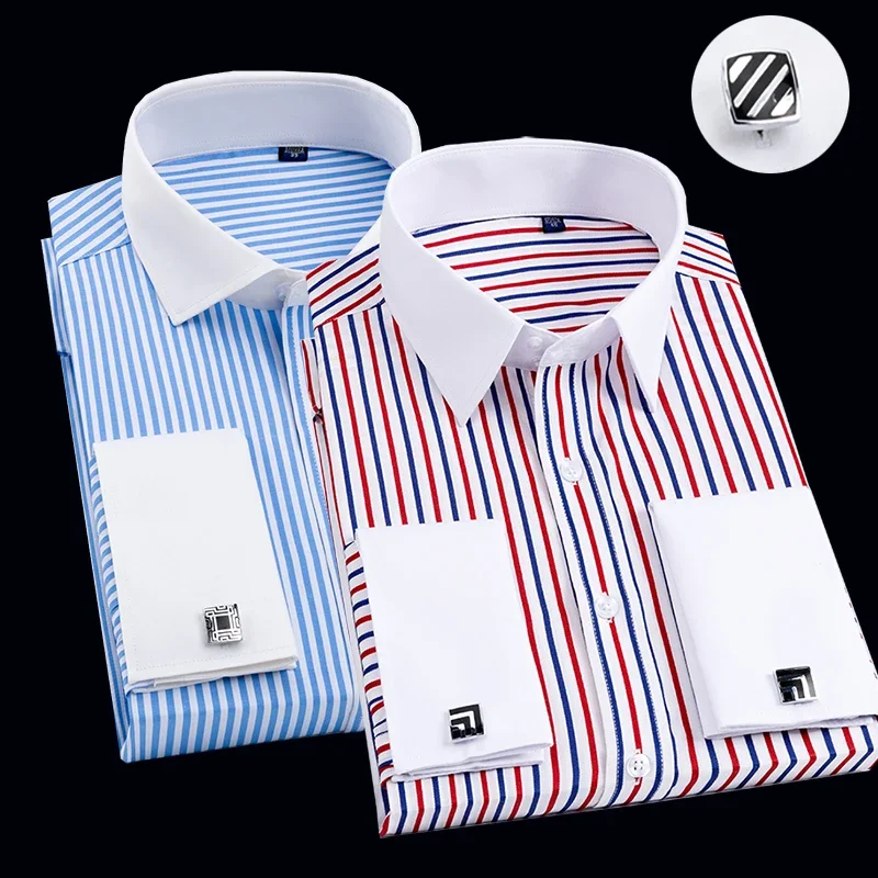 Men\'s French cufflink shirt with slim fit and contrasting color collar, Windsor collar, striped formal long sleeved shir