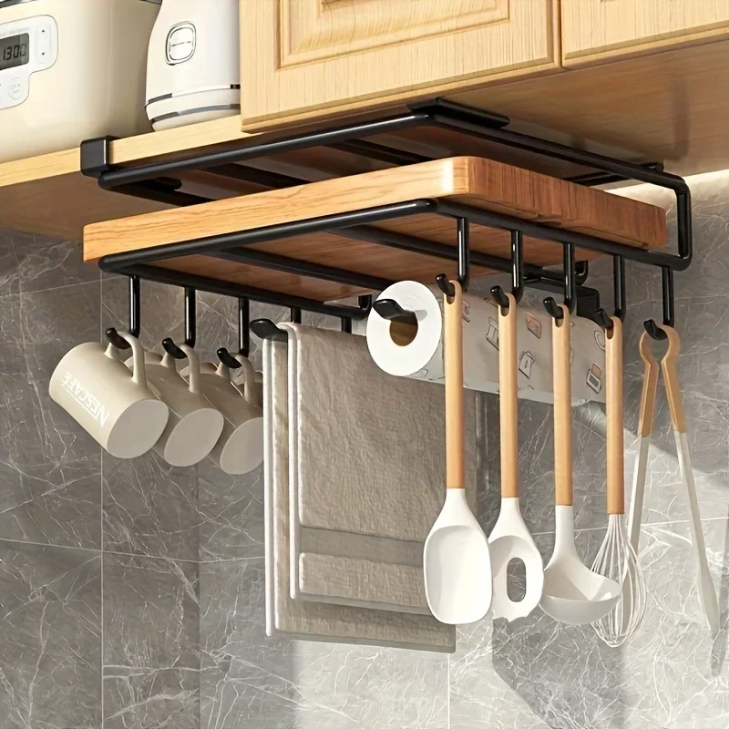 Under Kitchen Hanging Organizer Rack with Hooks Paper Towel Rag Hanging Rack Cutting Board Pot Cover Storage Shelf Holder