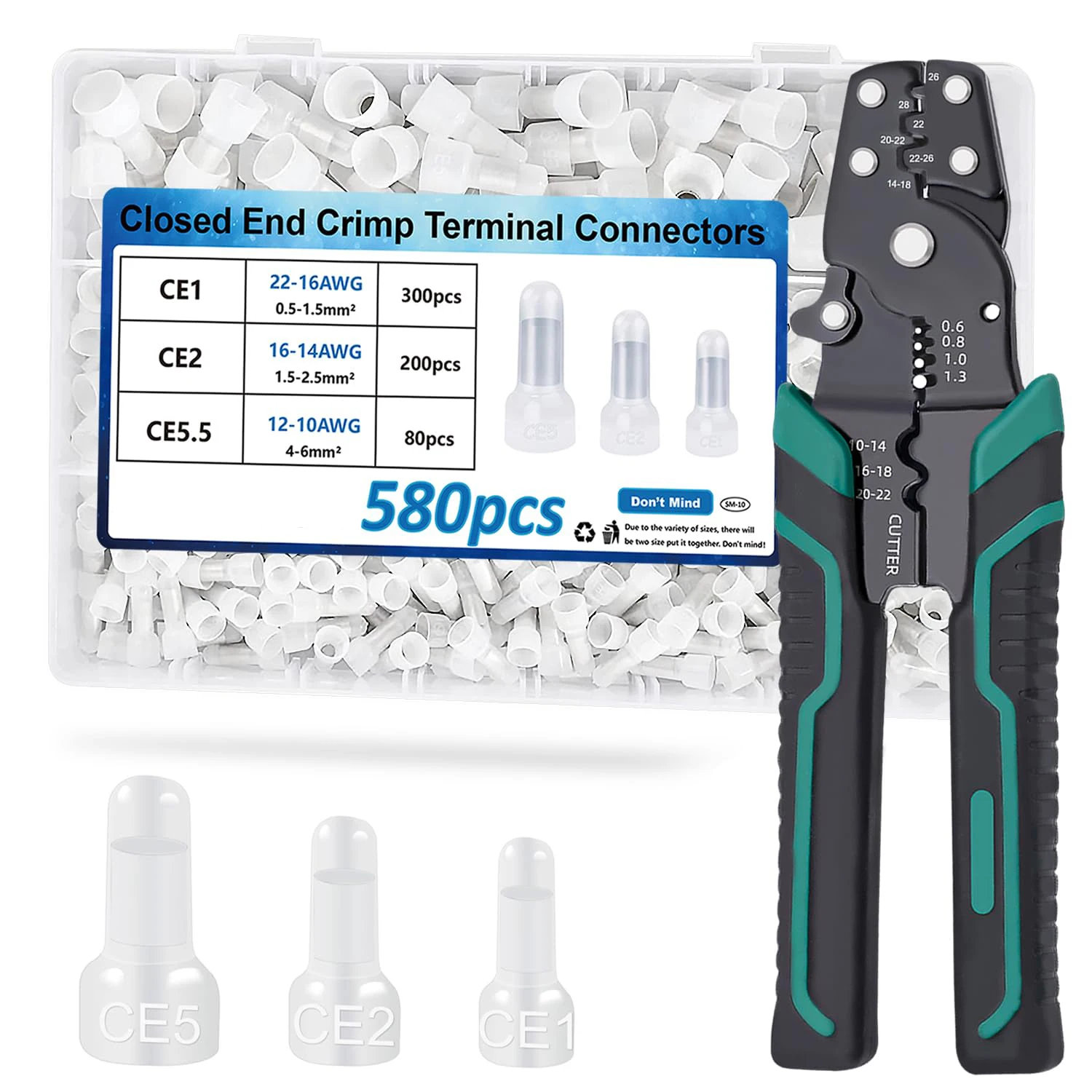 580Pcs Closed End Crimp Terminal with Crimping Tool 22-16,16-14,12-10AWG Wire End Caps Nylon Closed End Wire Connectors for Car