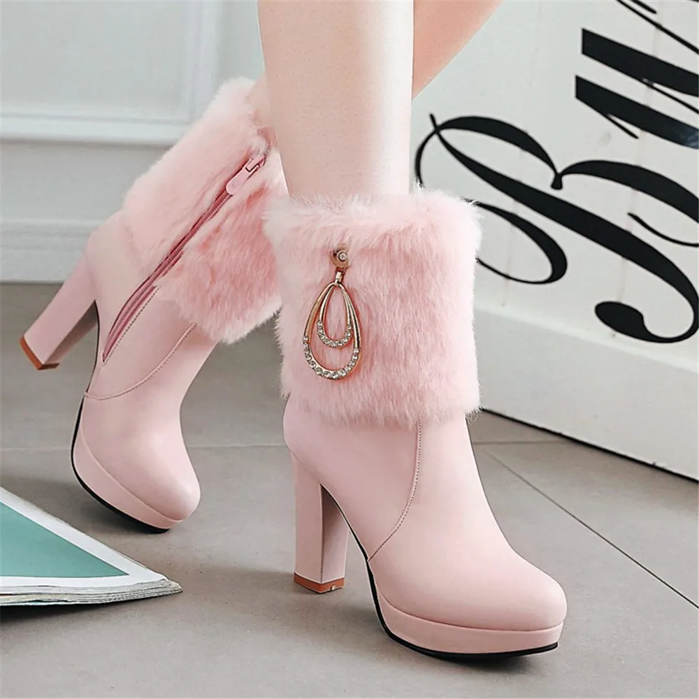 Boots Women Autumn Winter New Fur Round Head Zipper Crystal Thick Heel High Heels Short Tube Boats Ladies Shoes size 35-43 White