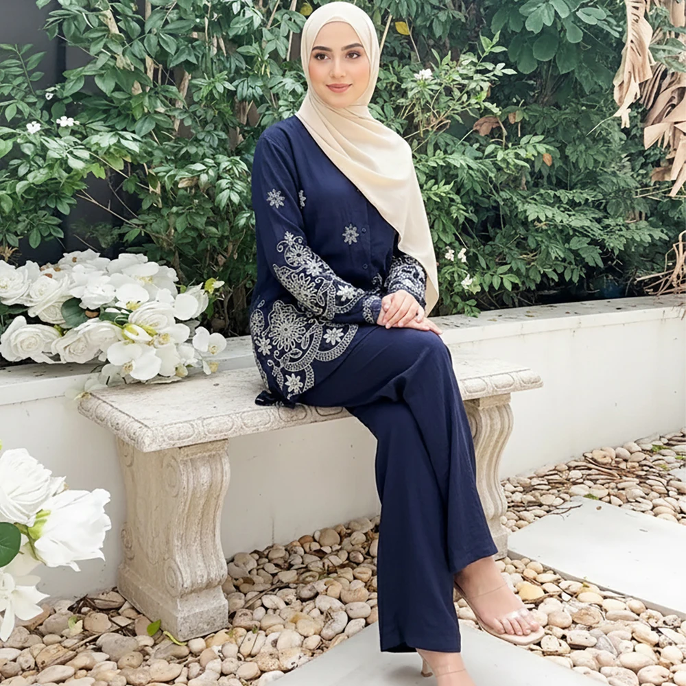 2-teilige Islamische Kleidungssets für Frauen Saudi-Arabien Dubai Bescheidenes Outfit Türkei Besticktes Oberteil und Hosen-Anzüge Muslimischer Trainingsanzug