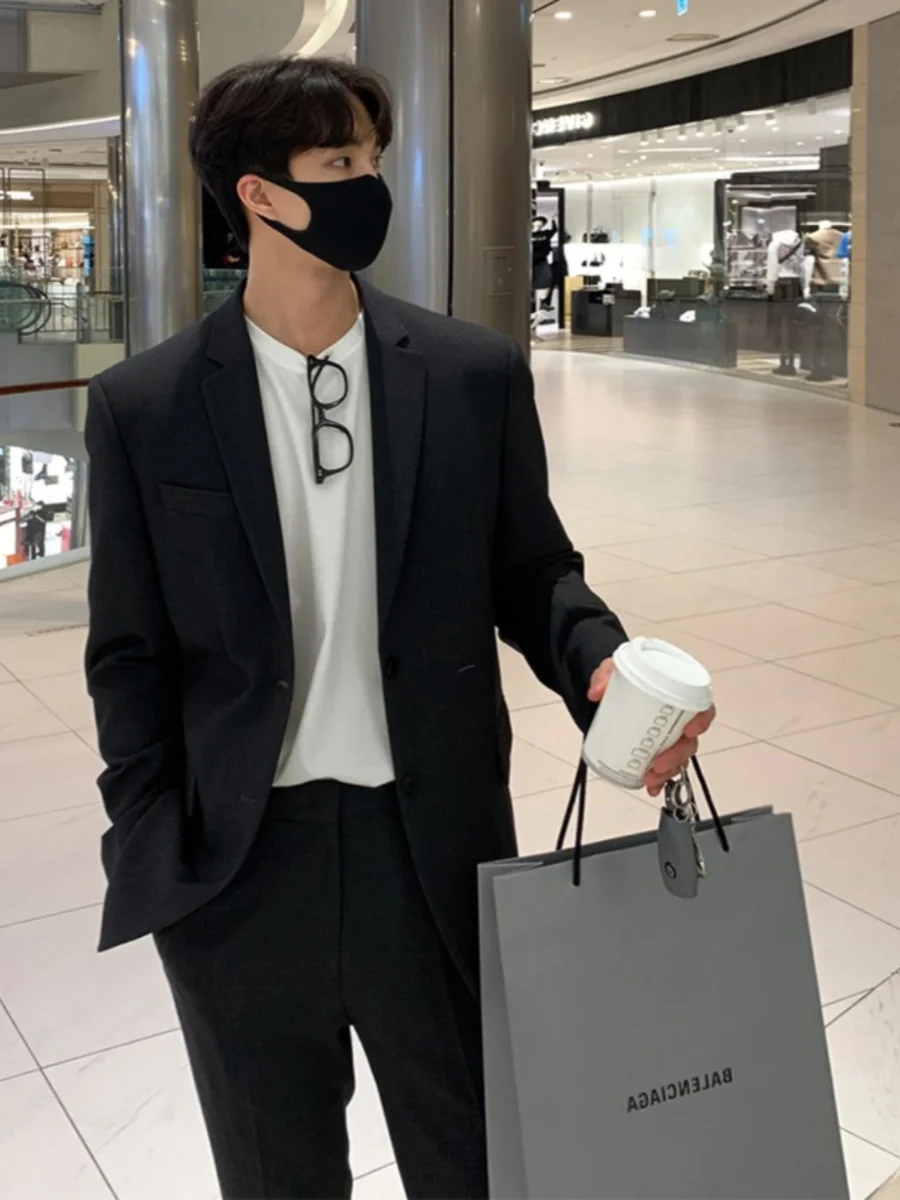 

Мужской повседневный пиджак-блейзер в корейском стиле, элегантный, свободного кроя, осенний, модный, однобортный пиджак