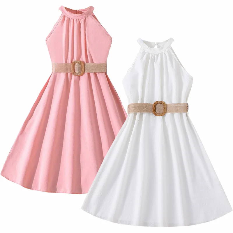 

Summer Girl Dress Long Length Elegant Teenager Girl Clothes Beach Chiffon Dress with Belt Bohemian Kid Outfit Children Plus Size