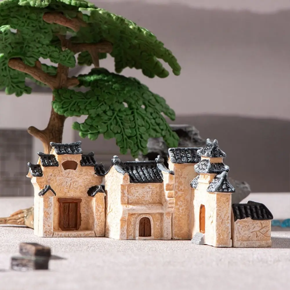 Decorative Mini Resin House Chinese Style Retor Mini Old City Gate Resin Bonsai Landscaping Home Desk