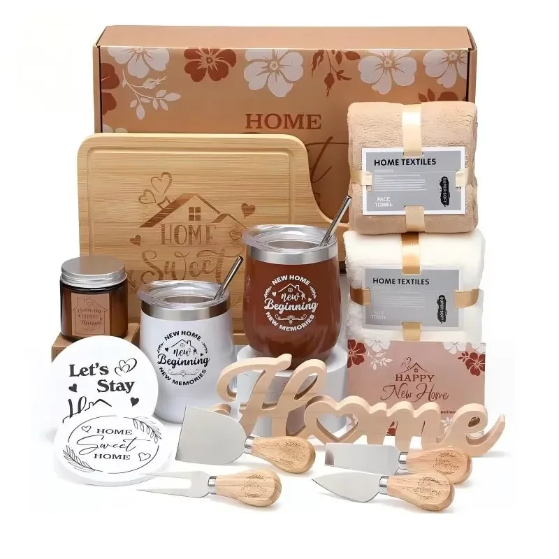 Customized housewarming gift set, bamboo cheese board, knives, cups, towels, candles, new home wedding birthday souvenir gift