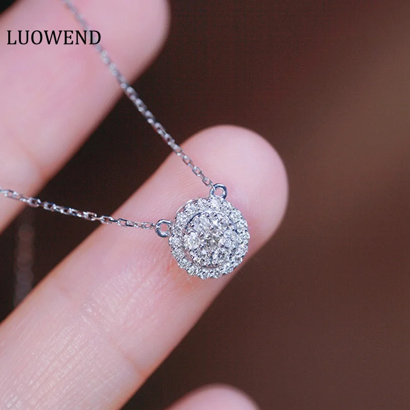 LUOWEND 18K White Gold Necklace 0.25carat Real Natural Diamond Pendant Necklace for Women Shiny Round Shape High Wedding Jewelry