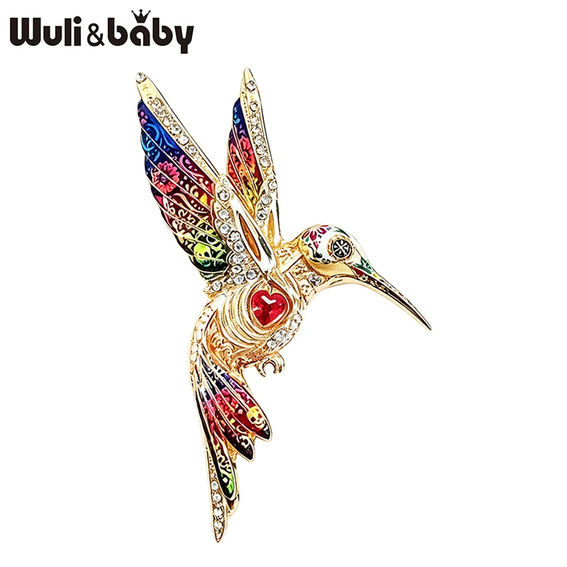 Wuli&baby Beautiful Hummingbird Brooches For Women 2-color Enamel Rhinestone Bird Animal Party Office Brooch Pins Gifts