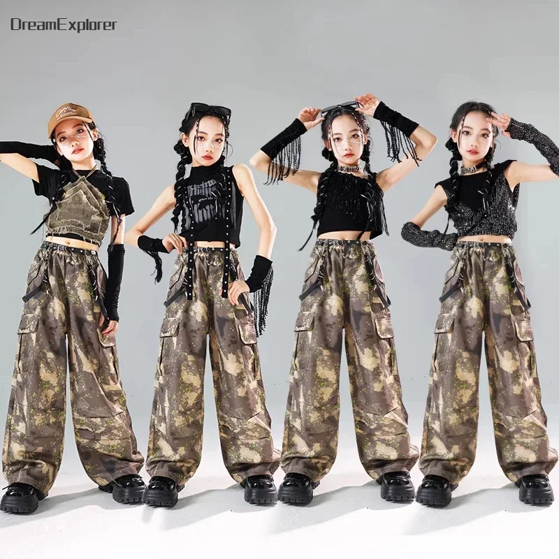 Girls Sequin Crop Hoodies Street Dance Camouflage Cargo Pants Kids Hip Hop Jazz Clothes Sets Children Streetwear K-pop Costumes