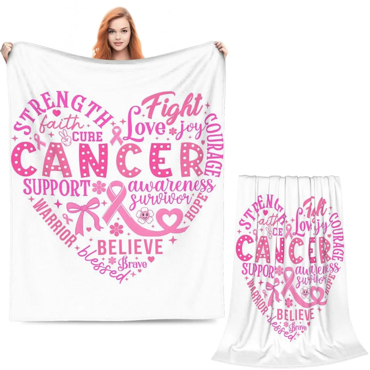 In October We Wear Pink Breast Cancer Awareness Heart Blanket Soft Warm Flannel Throw Blanket Plush for Bed Picnic Travel Couch