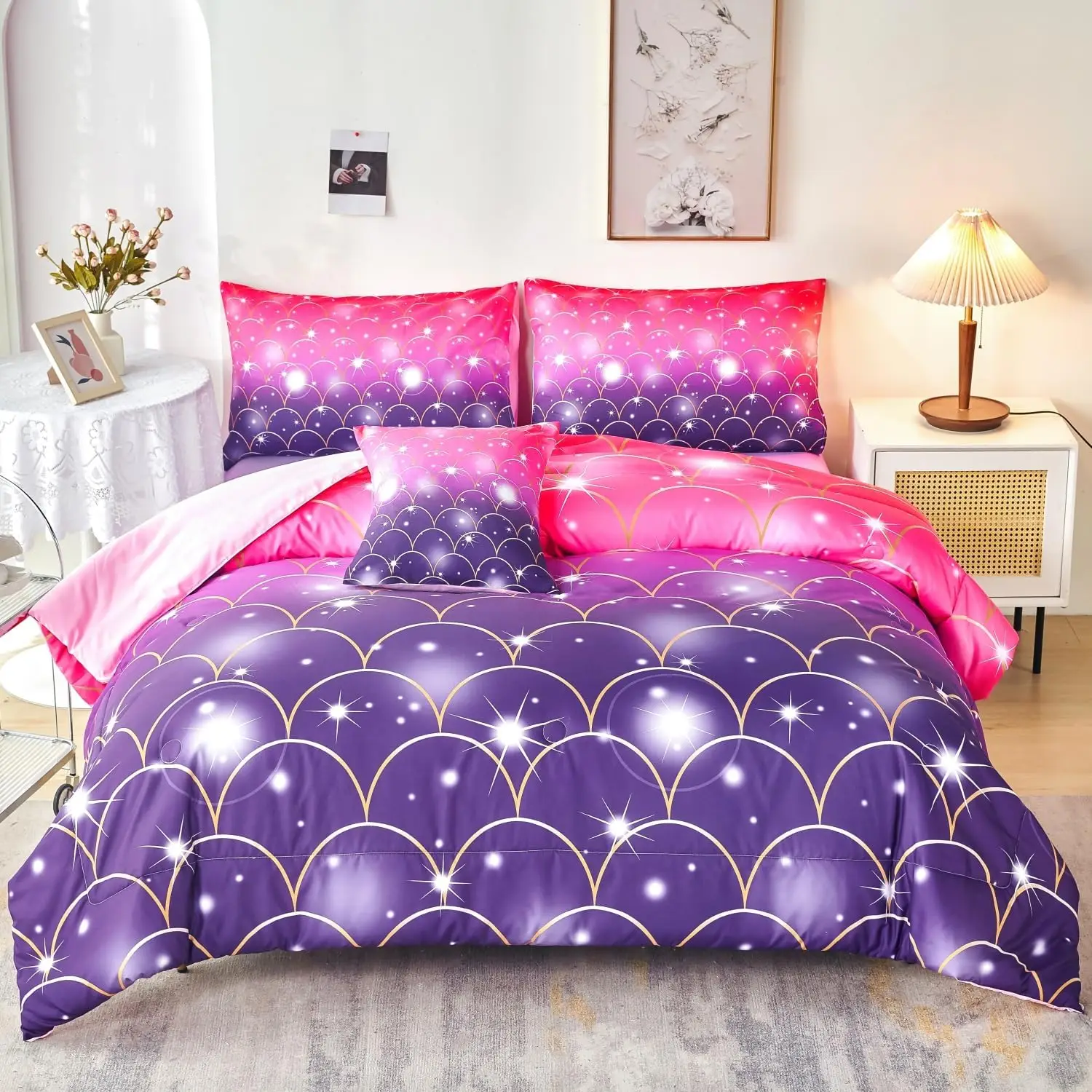 Pink Purple Twin Duvet Cover Set 3 Pieces Glitter Colorful Kids Girls Bedding Set (2 Pillowcases, 1duvet Cover) Queen King Size