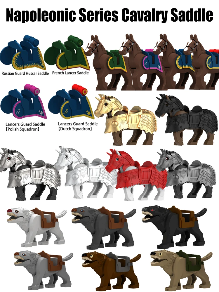 Blocs de construction de selle de cavalerie, série militaire napoléonienne médiévale, figurines de soldats de château, accessoires de cheval de guerre, briques, jouets cadeau