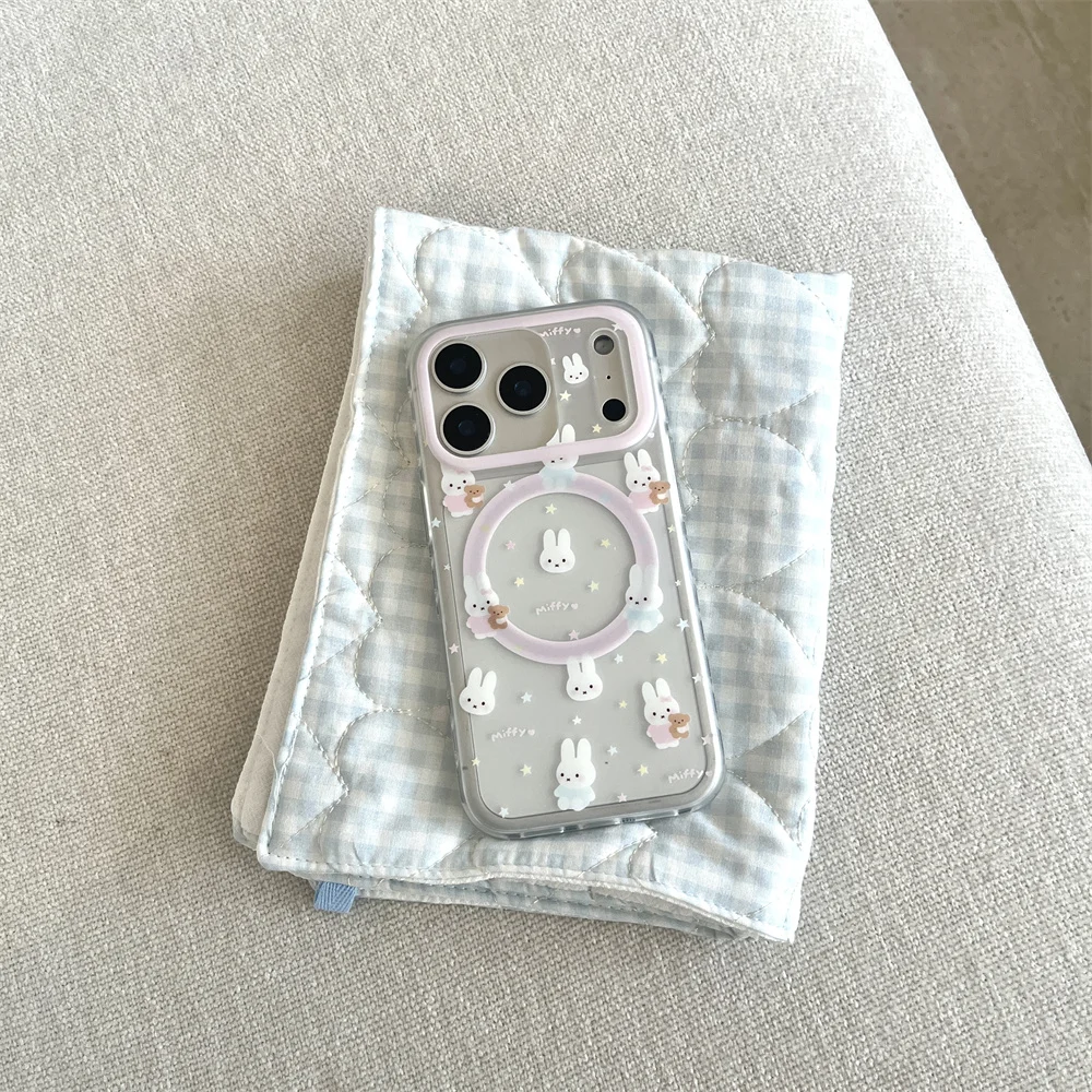 Korean INS Simple Star Rabbit Magnetic Stand Phone Case for iPhone 17 Pro 13 14 15 Pro Max 16 Cover Cute Cartoon Protective Cove