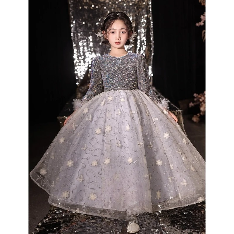 Children Girls Sequin Princess Party Dress Evening Gown for Piano Formal Ball Gown Costume Performance Host Kids Celebration