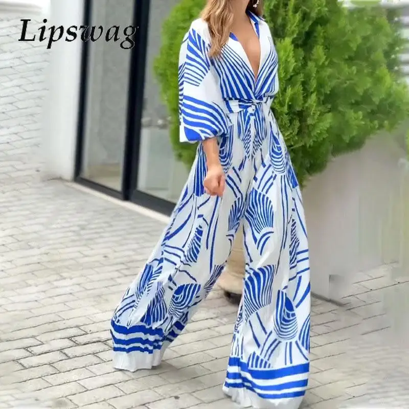 

Spring Autumn Long Sleeve Tie-up Romper Lady Turn Down Collar Office Long Jumpsuit 2024 Women Graphic Wide Leg Pants One Piece