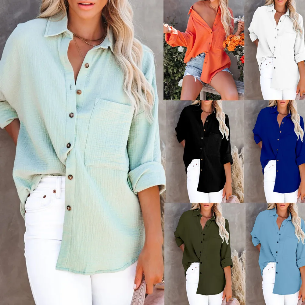 

Women's Oversize Shirt Pocket Elegant Beautiful Blouse Women Casual Solid Turn Down Collar Loose Long Sleeve Top 2023 New