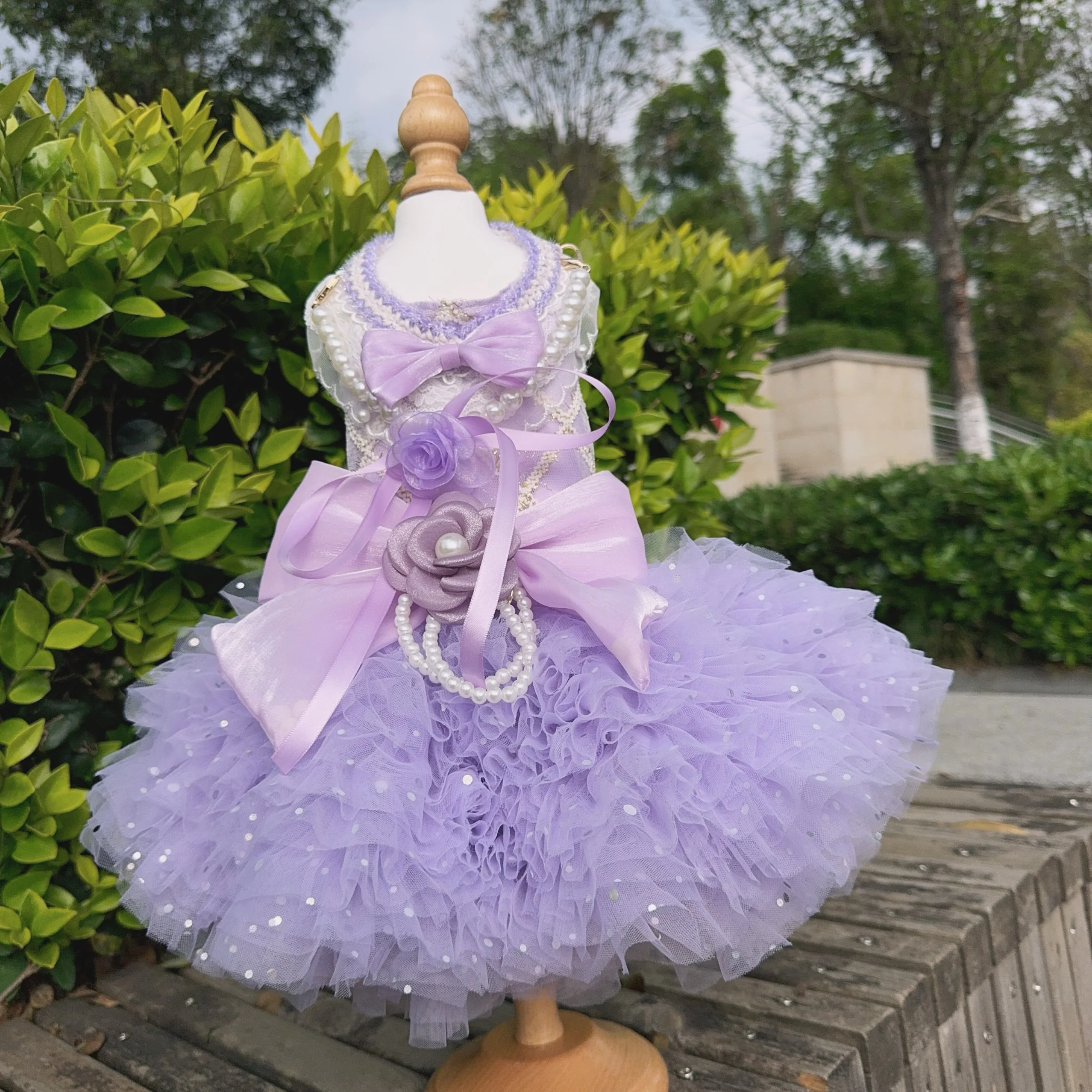 High-end Luxury Purple Pet Dog Clothes Fashion Spring Summer  Handmade Pearl Bow Lace Princess Dress For Small Medium Dog Poodle