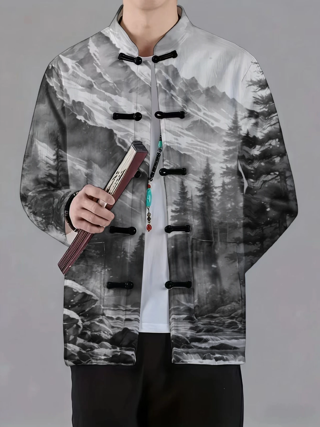 Men Mandarin Collar Frog Button Long Sleeve Jacket Chinese Dragon Ink Forest Steed Mountain Landscape Print Casual Traditional O