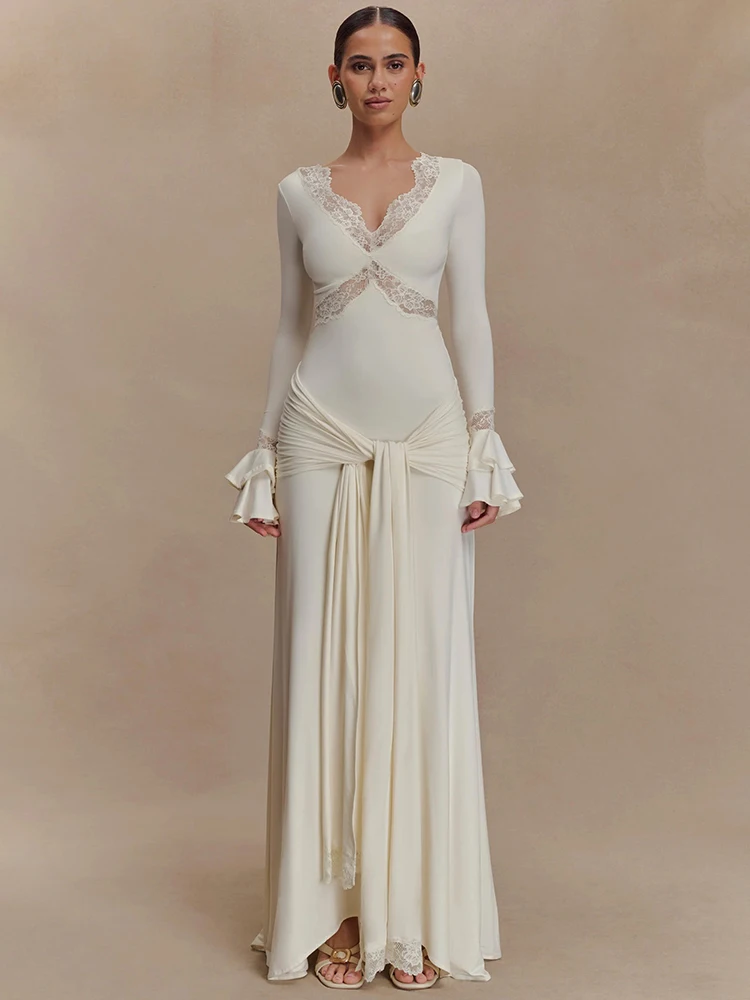 

Autumn Long Sleeve Sexy Maxi Dress for Women Fashion Lace Patchwork V Neck Backless Draped Ruched Club Party Long Dress