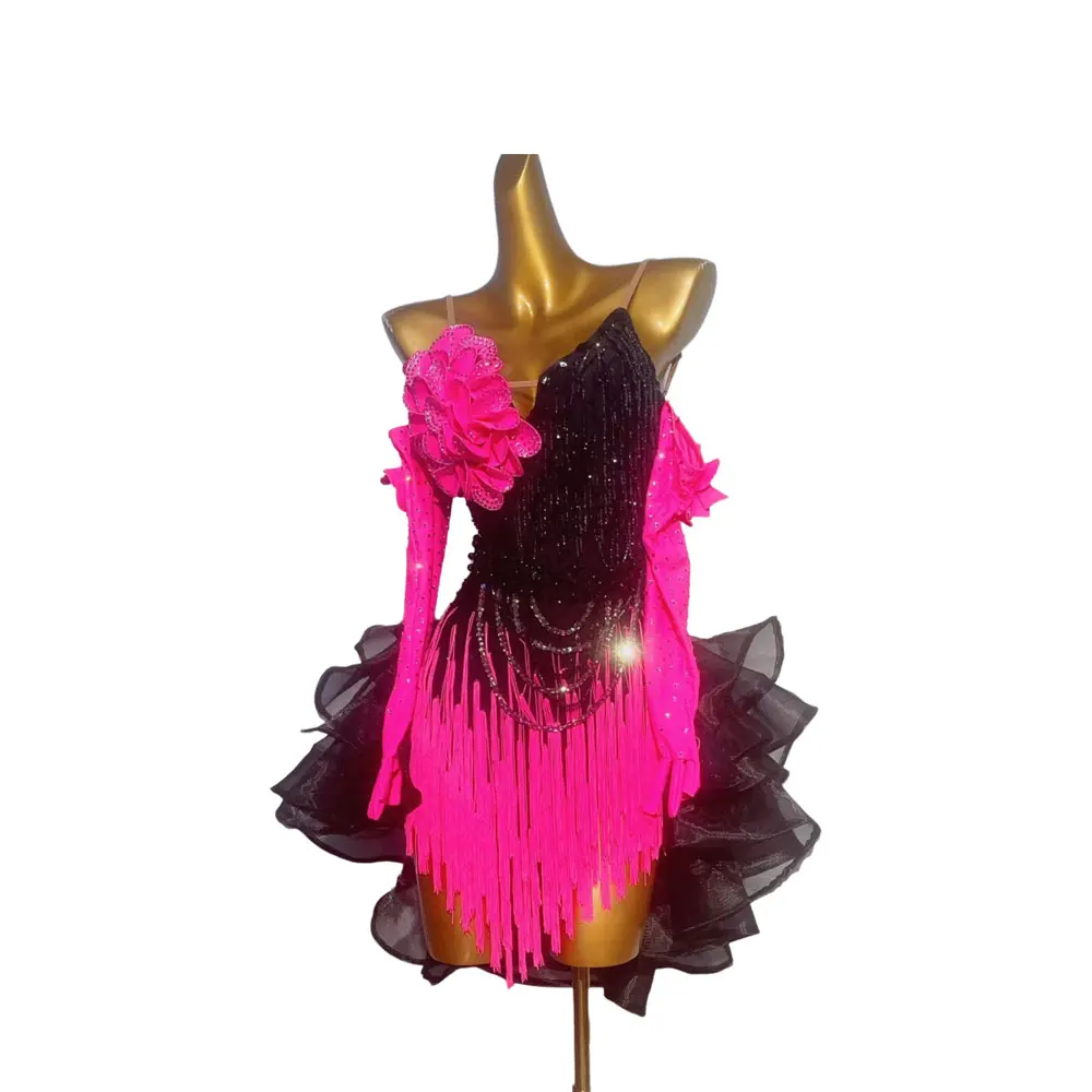 Latin Dance Practice Stage Women's Clothing High-end Custom Black Mesh Skirt Samba Rhinestone Clothing Dress