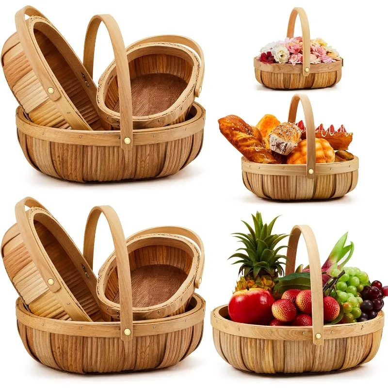 

6 Pcs Wicker Fruit Baskets with Handles 3 Sizes Woven Harvest Basket Wooden Apple Basket Picnic Garden Holder for Gather