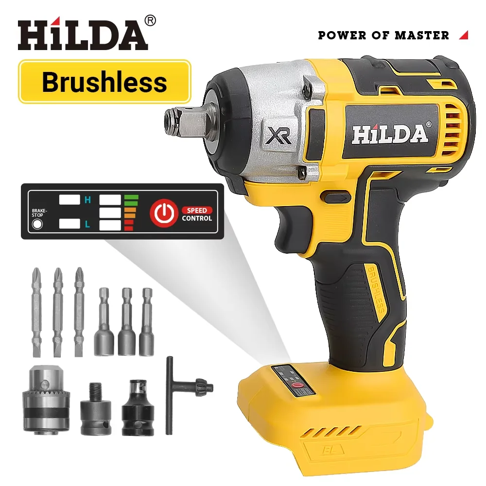 HILDA 1/2 Inch Brushless Impact Wrench LED Light Wrench Portable Power Tool For Scaffolding Tire Repair for Makita Battery