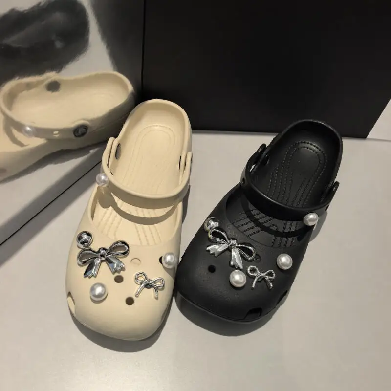 Elegant Silver Bowknot Shoes Charm Set Women Summer 2026 Korean Style Pearl Luxury Clogs Accessories Ballet Clogs Decorations