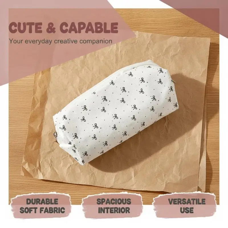 Canvas Pencil Case Lovely Bow Print Large Capacity Smooth Zipper Pouch for High School Students Office Stationery Storage