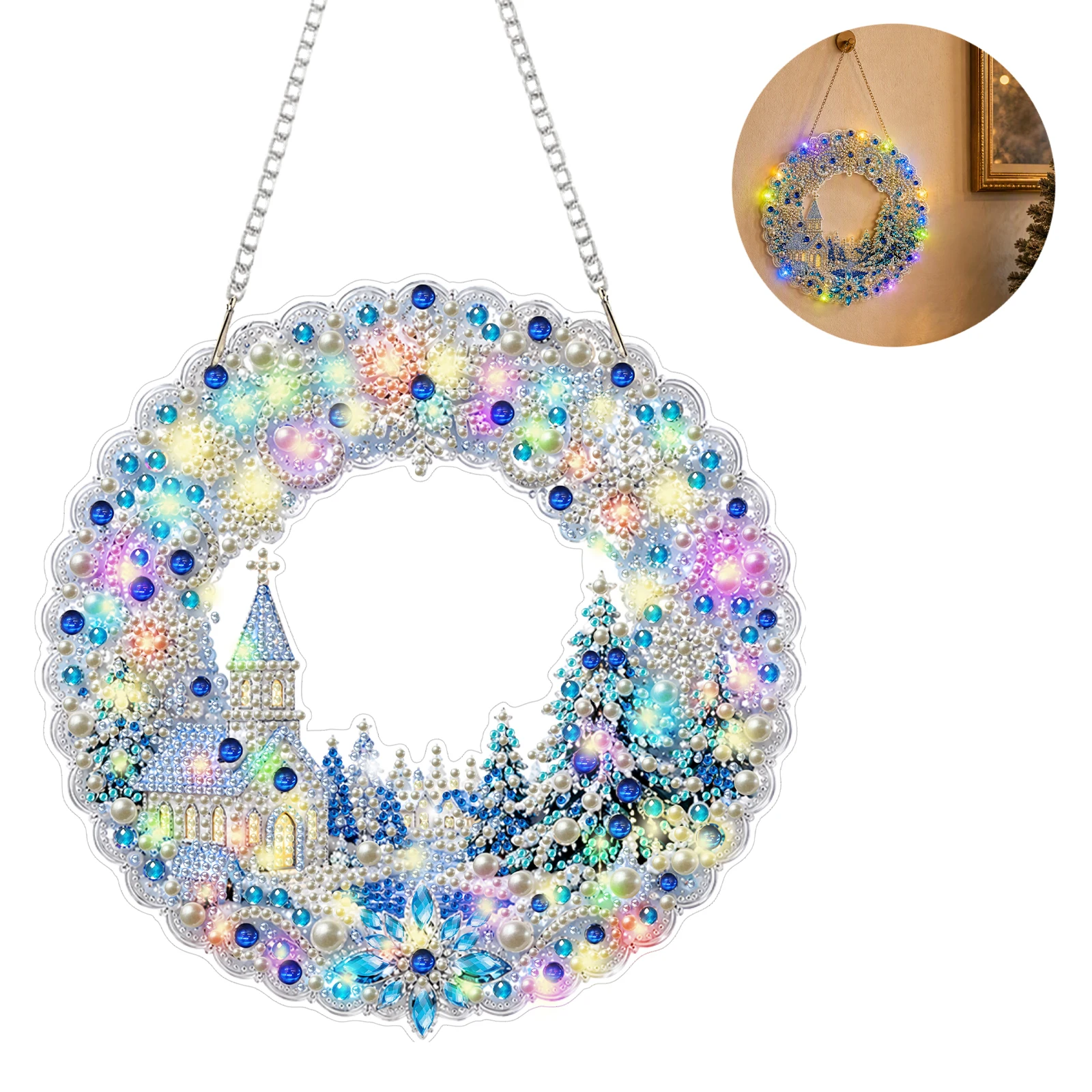 Christmas Wreath Diamond Painting Kit with Glow Lights Double Sided Print Resin Gems Hanging Chain Festive Decor