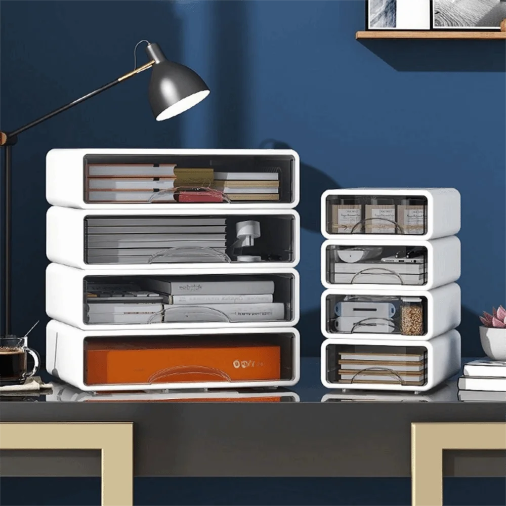 

2pcs Plastic Storage Drawers White Anti-slip Desk Stationery Drawer Stackable Large Document Sundries Holder Jewelry