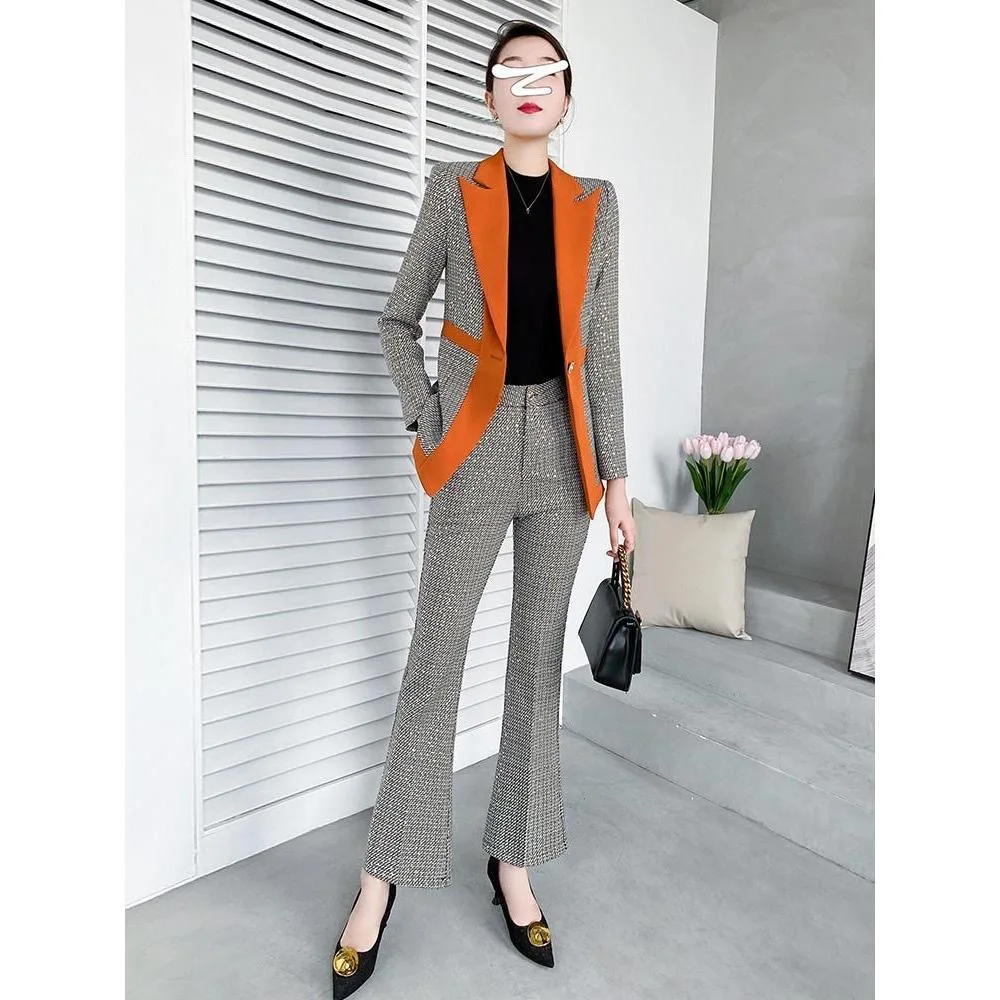 Chaqueta de retazos con contraste de Color para mujer, Blazer de pierna ancha, pantalones elegantes de dos piezas, traje de oficina de estilo