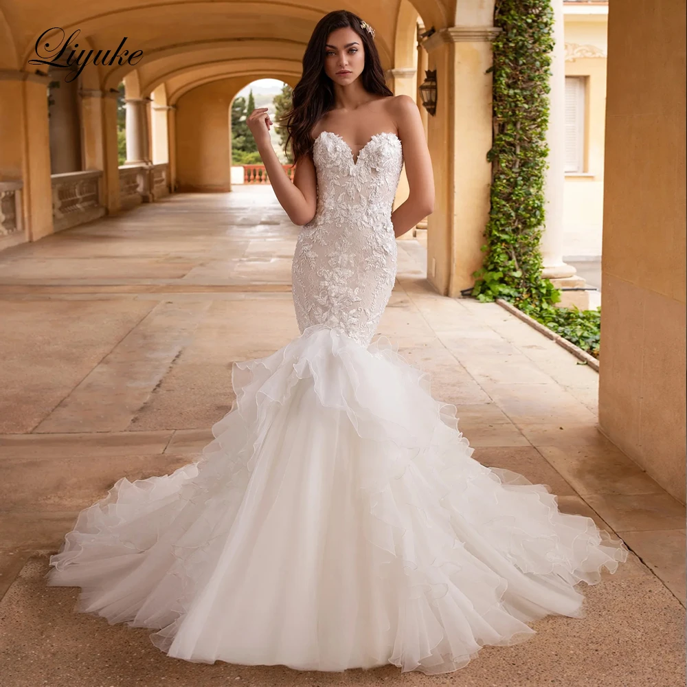 Liyuke Fabulous Appliques Lace Sweetheart Mermaid Wedding Dresses Elegant Floral Print Trumpet Bridal Gowns