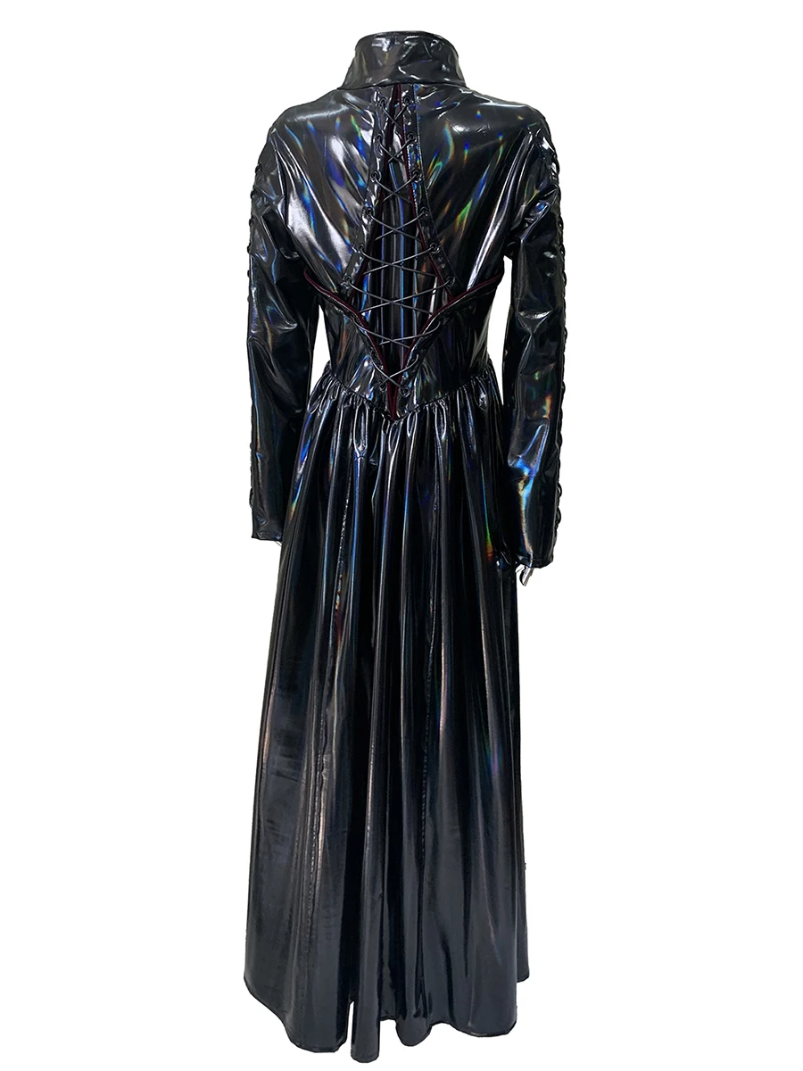 Trench-Coat noir holographique pour femme, Long, brillant, réfléchissant, fin, doux, fermeture éclair, Style Punk, vêtements européens, printemps automne, 2025